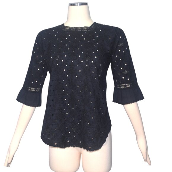Athe Vanessa Bruno Black Cotton Embroidered Eyelet Top Victorian Goth 34 S - Picture 3 of 9